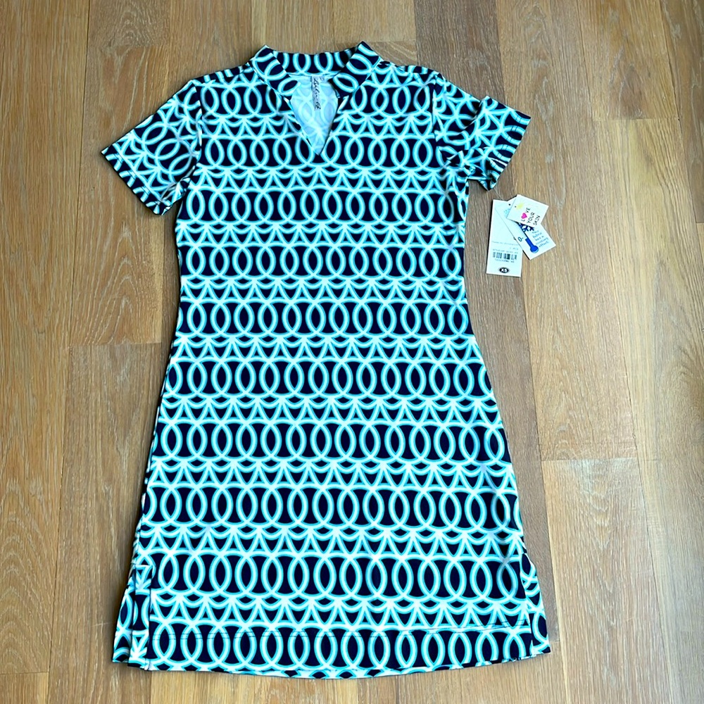 NWT. Lulu-B women’s dress. graphic design. Navy background, aqua/white circles.
